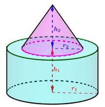 Một khối đồ chơi gồm một khối nón  xếp chồng lên một khối trụ . Khối trụ  có bán kính đáy và chiều cao lần lượt là . Khối nón  có bán kính đáy và chiều cao lần lượt là  thỏa mãn  và  (tham khảo hình vẽ bên). Biết rằng thể tích của toàn bộ khối đồ chơi bằng , thể tíchkhối nón  bằng: (ảnh 1)