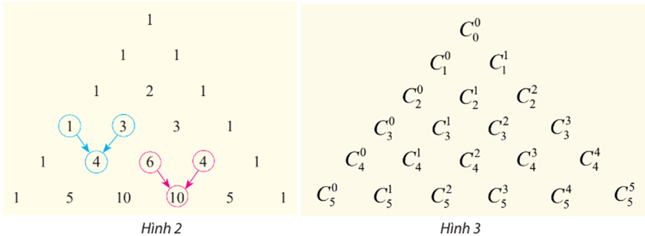 Từ các công thức khai triển: (a + b)0 = 1; (a + b)1 = a + b; (a + b)2 = a2 + 2ab + b2; (a + b)3 = a3 + 3a2b + 3ab2 + b3; (a + b)4 = a4 + 4a3b + 6a2b2 + 4ab3 + b4; (a + b)5 = a5 + 5a4b + 10a3b2 + 10a2b3 + 5ab4 + b5; các hệ số được viết thành bảng số như Hình 2 sau đây. Nếu sử dụng kí hiệu tổ hợp thì nhận được bảng như Hình 3. (ảnh 1)