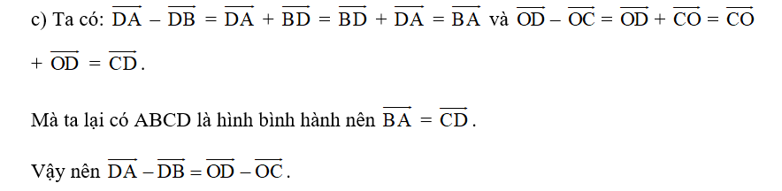 c) vecto DA - vecto DB= vecto OD- vecto OC (ảnh 1)