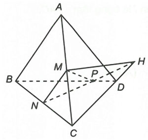 Cho bốn điểm A, B, C, D không đồng phẳng. Gọi M, N lần lượt là trung điểm AC, BC. Tìm giao điểm của CD và (MNP) (ảnh 1)