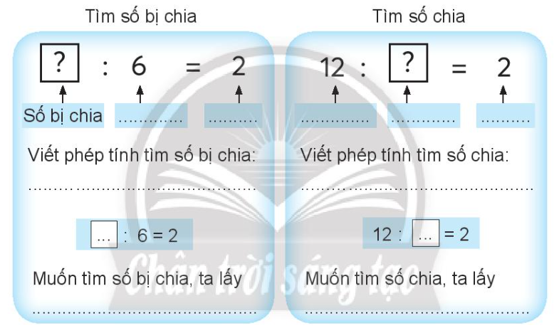 Vở bài tập Toán lớp 3 (Chân trời) Tập 1 trang 19 Bài 9: Tìm số bị chia, tìm số chia - Chân trời sáng tạo (ảnh 1)