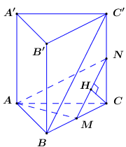  (VD): Cho hình lăng trụ đều ABC.A’B’C’, tất cả các cạnh có độ dài bằng a. Gọi M là trung điểm của cạnh BC. Tính khoảng cách giữa hai đường thẳng AM và BC’.  (ảnh 4)