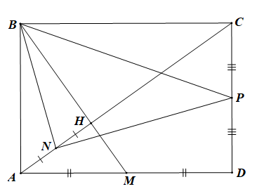 Cho hình chữ nhật ABCD có AB = 1, BC = căn bậc hai 2 Gọi M là trung điểm của AD. Gọi H là giao điểm của AC, BM. Gọi N là trung điểm của AH và P là trung điểm của CD. Chứng minh rằng tam giác  (ảnh 1)