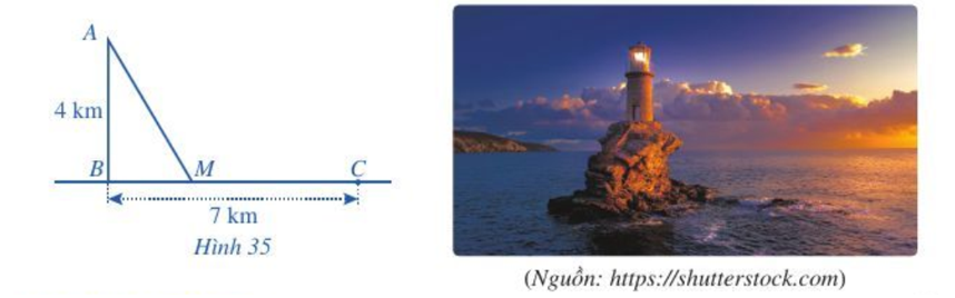 Một ngọn hải đăng đặt tại vị trí A cách bờ biển một khoảng cách AB = 4 km. Trên bờ biển có một cái kho ở vị trí C (ảnh 1)