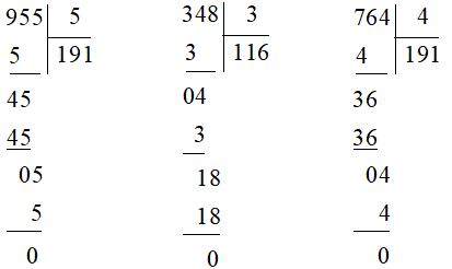 Đặt tính rồi tính: a) 955 : 5 			b) 5428 : 2 			c) 32457 : 2     348 : 3			    6729 : 3 (ảnh 1)