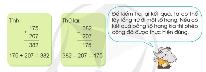 Thực hiện các hoạt động sau: a) Viết một phép cộng, ví dụ: 175 + 207 = ? Tính tổng rồi sử dụng phép trừ để kiểm tra lại kết quả. (ảnh 1)