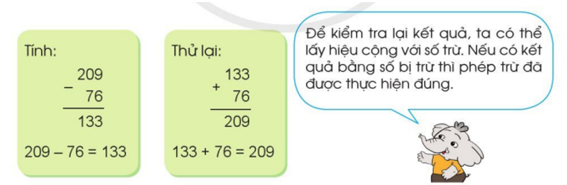 Thực hiện các hoạt động sau: a) Viết một phép cộng, ví dụ: 175 + 207 = ? Tính tổng rồi sử dụng phép trừ để kiểm tra lại kết quả. (ảnh 2)