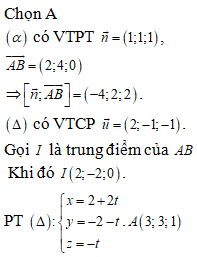 Trong không gian với hệ tọa độ Oxyz, cho A(1;-4;0) , B(3;0;0). Viết phương trình đường trung (ảnh 1)