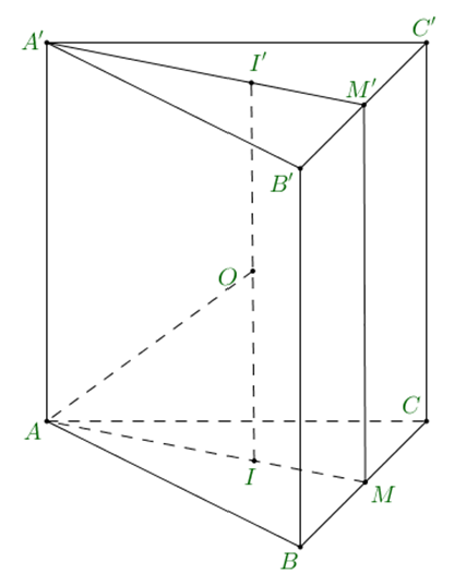 Cho lăng trụ đều ABC.A'B'C' có cạnh đáy bằng 1, chiều cao bằng 2 Thể tích khối cầu ngoại tiếp lăng trụ đã cho bằng: (ảnh 1)