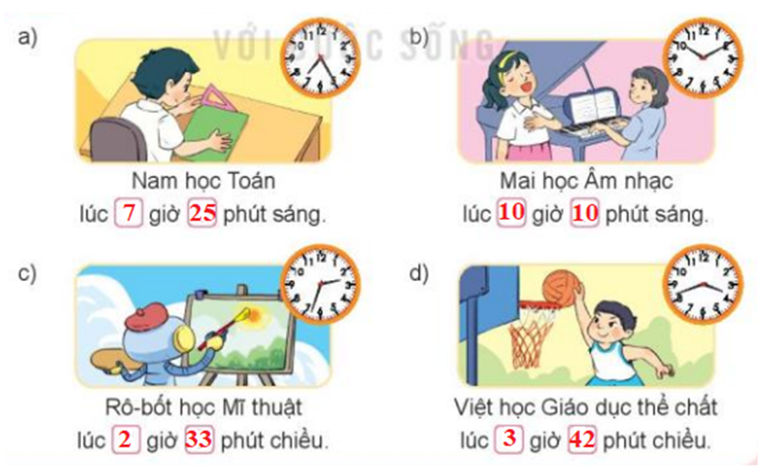 Số? a) Nam học Toán lúc giờ phút sáng b) Mai học âm nhạc (ảnh 2)