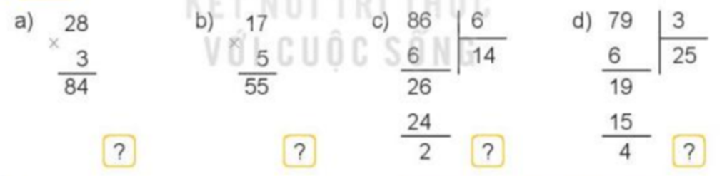 Đ, S? a) 28 x 3 = 84 b) 17 x 5 = 55 c) 86 : 6 (ảnh 1)