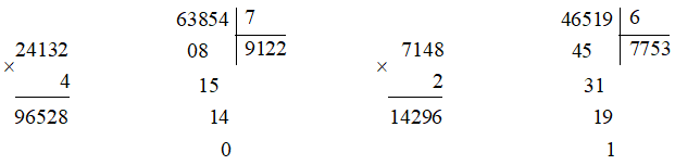 Đặt tính rồi tính: 24 132 x 4 63 854 : 7 7 148 x 2 46 519 : 6 (ảnh 1)