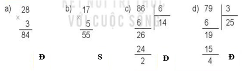 Đ, S? a) 28 x 3 = 84 b) 17 x 5 = 55 c) 86 : 6 (ảnh 2)