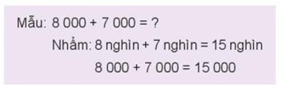 Tính nhẩm (theo mẫu): Mẫu: 8000 + 7000 = dấu hỏi (ảnh 1)