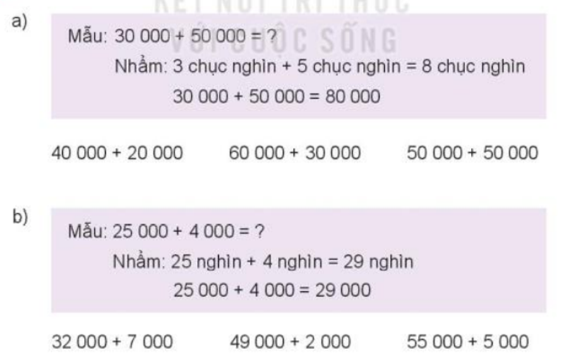 Tính nhẩm (theo mẫu): a) Mẫu: 30000 + 50000 = dấu hỏi (ảnh 1)