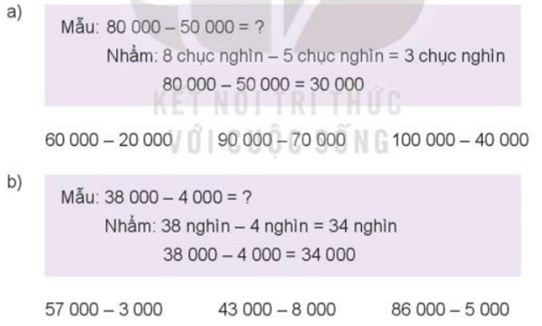 Tính nhẩm (theo mẫu): a) Mẫu: 80000 - 50000 = dấu hỏi (ảnh 1)