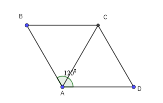 Cho hình thoi ABCD với cạnh có độ dài bằng 1 và góc BAD = 120 độ. Tính độ dài của các  (ảnh 2)