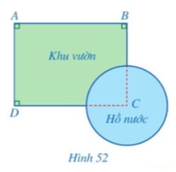 Một khu vườn có dạng tứ giác ABCD với các góc A, B, D là góc vuông, AB = 400 m, AD = 300 m. Người ta đã làm một cái hồ nước có dạng hình tròn, khi đó vị trí C không còn nằm trong khu vườn nữa (Hình 52). Tính khoảng cách từ vị trí C đến mỗi vị trí A, B, D.   (ảnh 1)