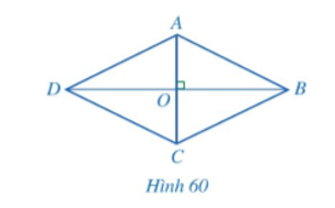 b) Cho hình bình hành ABCD có hai đường chéo AC và BD vuông góc với nhau (Hình 60).    • Đường thẳng AC có phải là đường trung trực của đoạn thẳng BD hay không? • ABCD có phải là hình thoi hay không? (ảnh 1)