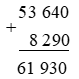 Tổng của 53 640 và 8 290 là: A. 61 830 B. 61 930 C. 51 930 D. 60 930 (ảnh 1)