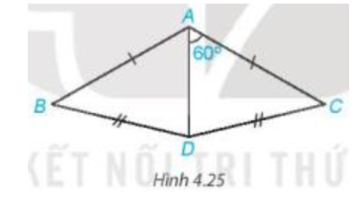 Cho Hình 4.25, biết góc DAC = 60 độ ,AB = AC, DB = DC. Hãy tính góc DAB (ảnh 1)