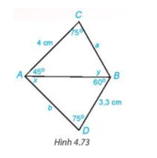 Cho Hình 4.73. Hãy tính các độ dài a, b và số đo x, y của các góc trên hình vẽ (ảnh 1)