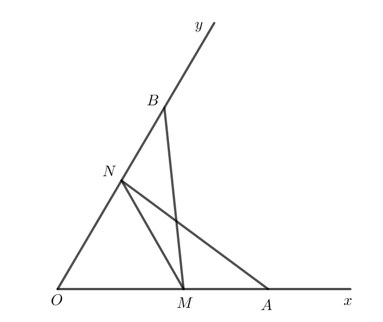 Cho góc xOy. Trên tia Ox lấy hai điểm A, M; trên tia Oy lấy hai điểm B, N sao cho  OA = OB, OM = ON, OA > OM. Chứng minh rằng (ảnh 2)