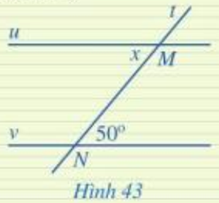 Tìm số đo x trong Hình 43, biết u // v. (ảnh 1)