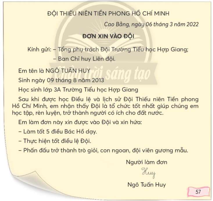 Đơn xin vào đội trang 57, 58 Tiếng Việt lớp 3 Tập 1 | Chân trời sáng tạo (ảnh 3)