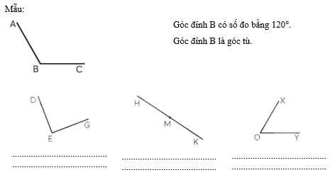 Vở bài tập Toán lớp 4 (Chân trời) Chân trời sáng tạo Bài 30: Đo góc - Góc nhọn, góc tù, góc bẹt