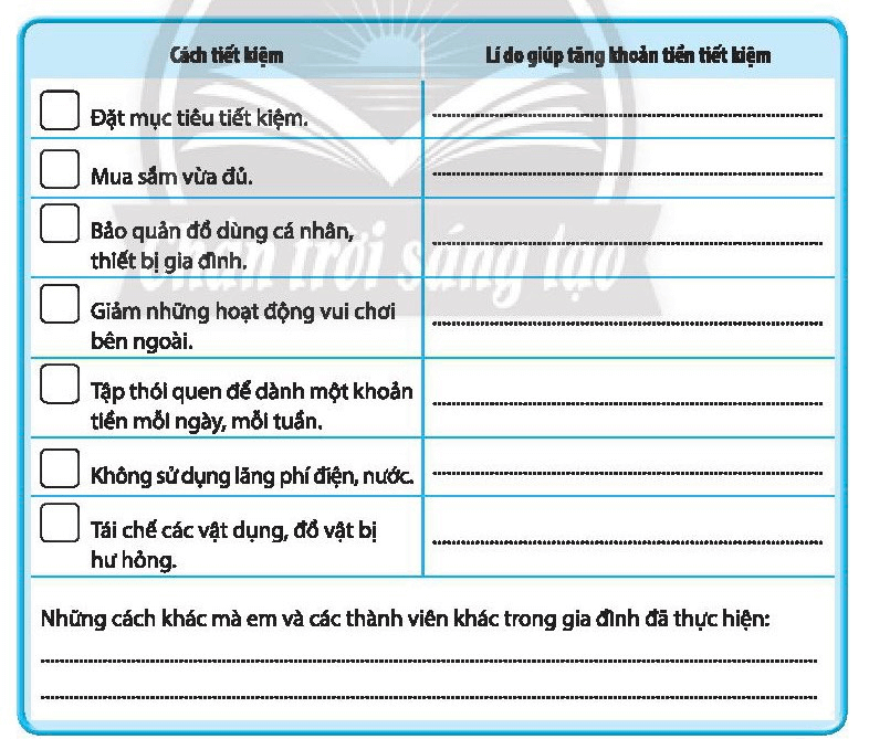 Đánh dấu X vào ô những cách tiết kiệm chi tiêu phù hợp với gia đình em