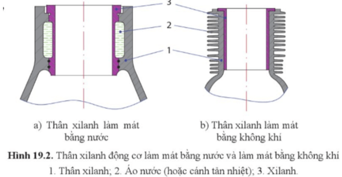 Cho biết vai trò của áo nước (cánh tản nhiệt) trên thân xilanh ở hình 19.2