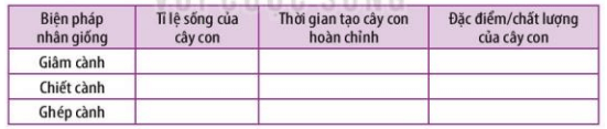 Trình bày kết quả thí nghiệm giâm cành chiết và ghép cành theo gợi ý trong bảng dưới đây