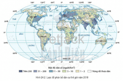 Quan sát hình 24.2, hãy:- Xác định những khu vực có mật độ dân số 