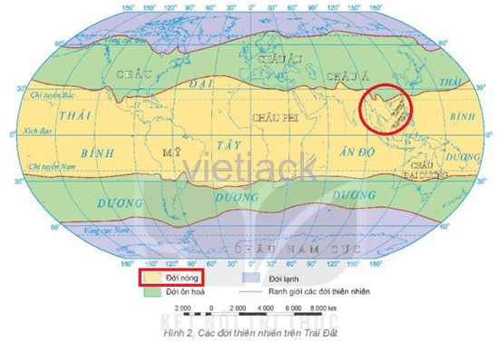 Tìm và xác định vị trí của nước ta trên hình 2. Từ đó, nêu một số đặc điểm