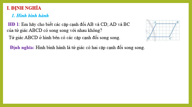 Giáo án điện tử Hình bình hành | Bài giảng PPT Toán 8 Cánh diều (ảnh 1)