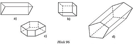 Quan sát các lăng trụ đứng trong hình 96 rồi điền số thích hợp vào các ô trống ở bảng dưới đây (ảnh 1)