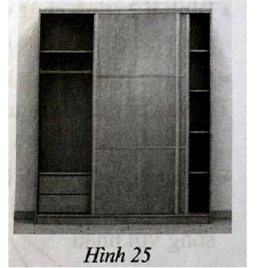 Trong các không gian hẹp, người ta thường thiết kế tủ đựng quần áo có cánh cửa trượt. Tủ này bao gồm khoang tủ, cánh cửa trượt và hai đường ray trượt cho mép trên và mép dưới cánh cửa (Hình 25). Biết rằng cánh cửa trượt có dạng hình chữ nhật và có thể kéo trượt bình thường, khi đó bạn Minh nói: “Đường ray trượt ở mép trên cửa song song với mặt đáy của tủ quần áo”. Em hãy cho biết phát biểu của bạn Minh đúng hay sai? Vì sao?   (ảnh 1)
