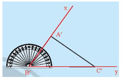 Lấy một tờ giấy, trên đó vẽ tam giác A’B’C’ có, góc B' = B 