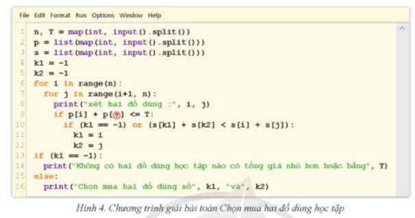 Chương trình trong Hình 4 giải bài toán Chọn mua hai đồ dùng học tập