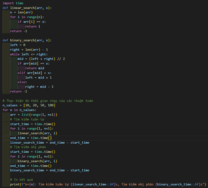 Em hãy viết chương trình cài đặt các thuật toán tìm kiếm tuần tự và nhị phân rồi tiến hành đo thời gian